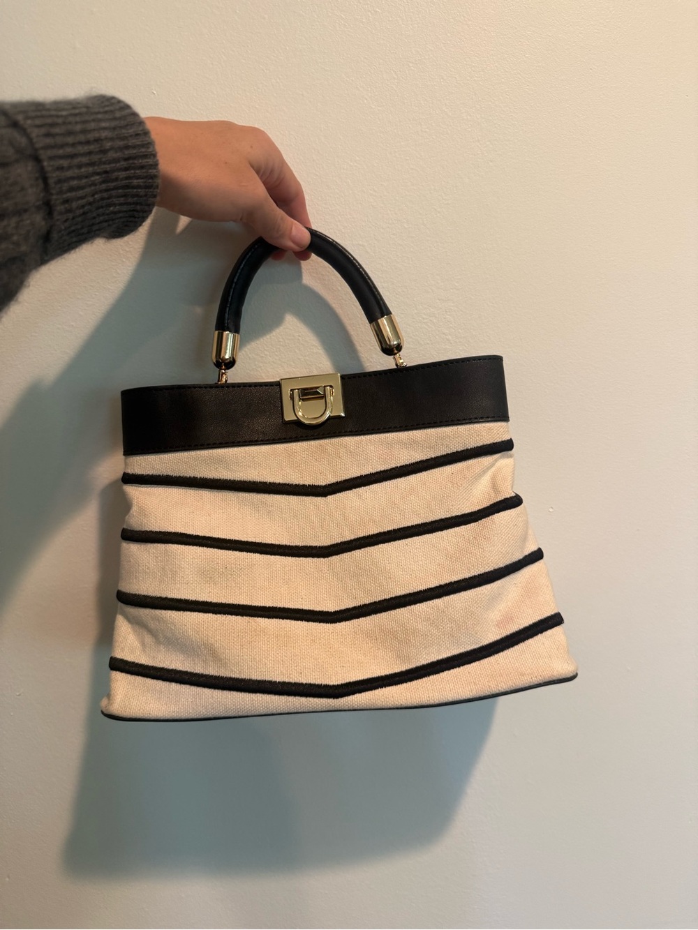 Canvas Stripe Top-Handle Tote in Cream and Black